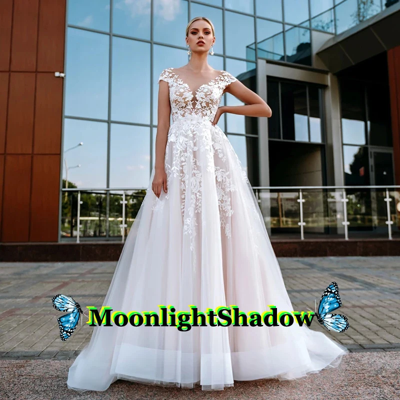 

Fabulous Tulle Aline Wedding Dresses Illusion Appliques Cap Sleeves Bodice Suknia Slubna Robe De Mariee Custom Made Gelinlik