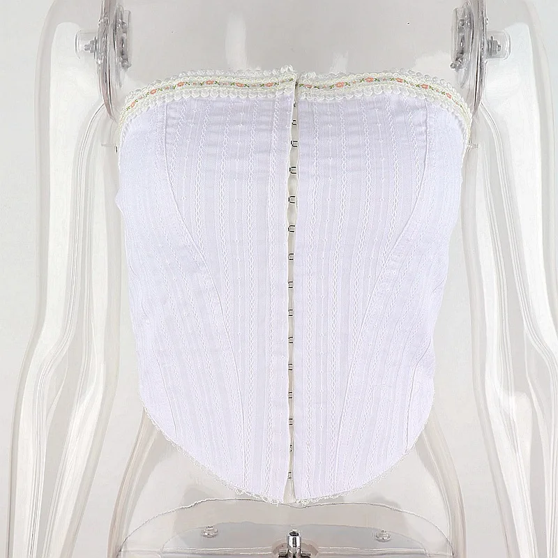 

Vintage 2000s Backless Lace Trim Corset Tops Y2K Aesthetics Strapless Single-breasted White Tube Top E-girl Crop Tanks