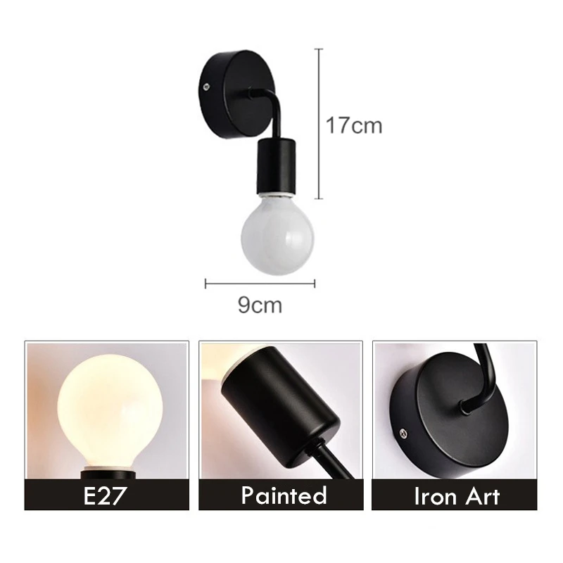 

2020 Nordic Modern Wall Lamp Iron Black E27 Indoor Lighting Bedside Bedroom Bathroom Lamp Sconce Led Wall Light