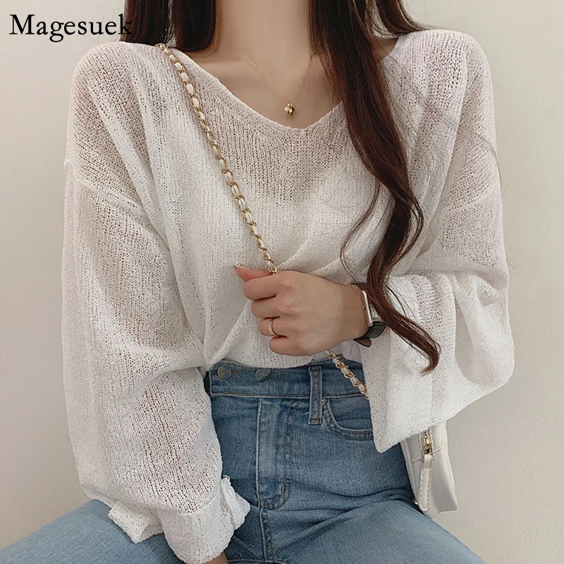 

2021 Spring and Summer Knitted Shirt Women V-neck Hollow Ice Silk Blouse Lace-up Long Sleeve Sunscreen White Shirts Blusas 14802