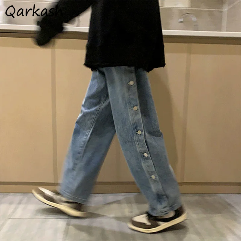 

Jeans Women Full-length Loose Harajuku Unisex Design All-match Trousers Fashionable High Street Couples Leisure Side Buttons New