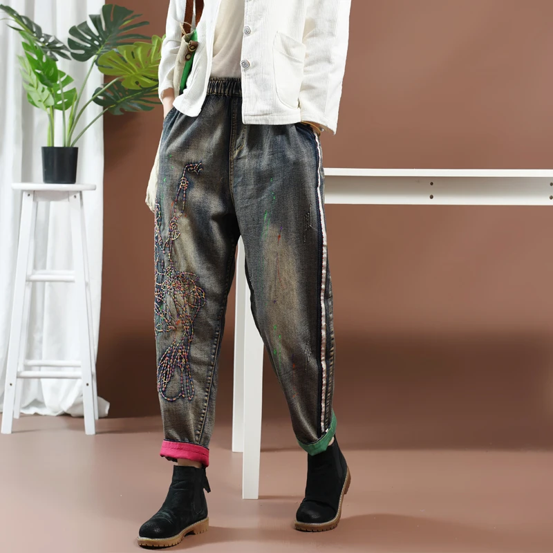 Осенние зимние джинсы женские свободные Ретро повседневные джинсовые брюки 2019