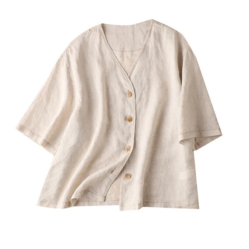 

SHUCHAN Loose Women Shirts Blouses V-Neck Vintage Plain Women Button Shirt Broadcloth 100% Linen Short Sleeve