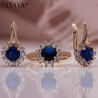 pataya new 585 rose gold color women fashion jewelry set gift dark blue round natural zircon sunflower drop earrings ring sets