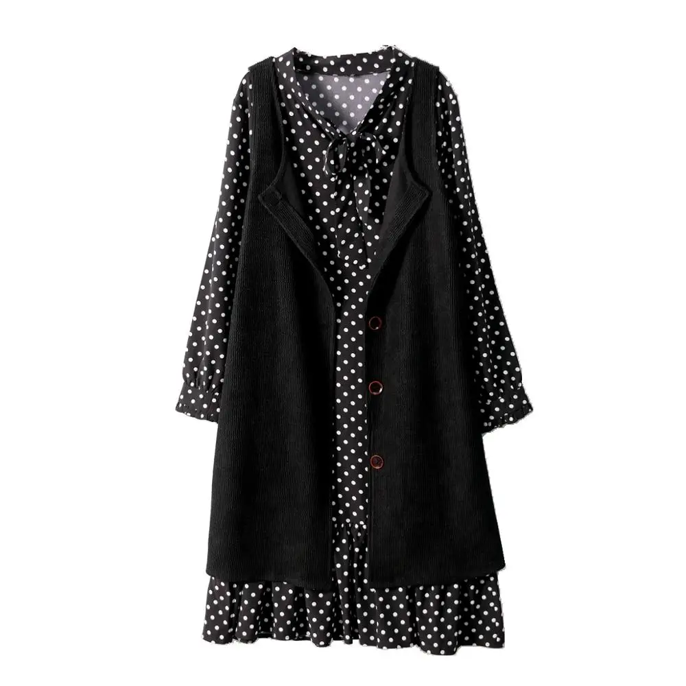 

2022 Large Size Spring Autumn Dot Chiffon Dress Women's Clothes Casual Two-piece Suit Knit Sweater Vest Dresses 26C