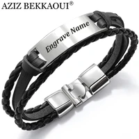 aziz bekkaoui 4 color fashion multiple layers engrave name bracelet for men diy vintage leather bracelets bangle male jewelry