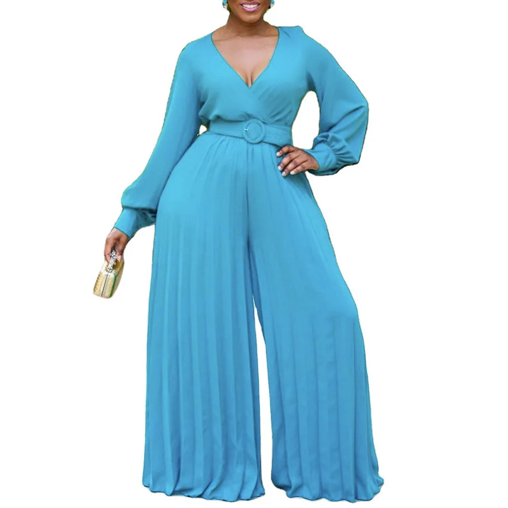 

Women's Jumpsuit 2021 Spring New Long Sleeves Solid Yellow Female Sexy V Neck High Waisted Plus Size Casual Wide Leg Romper
