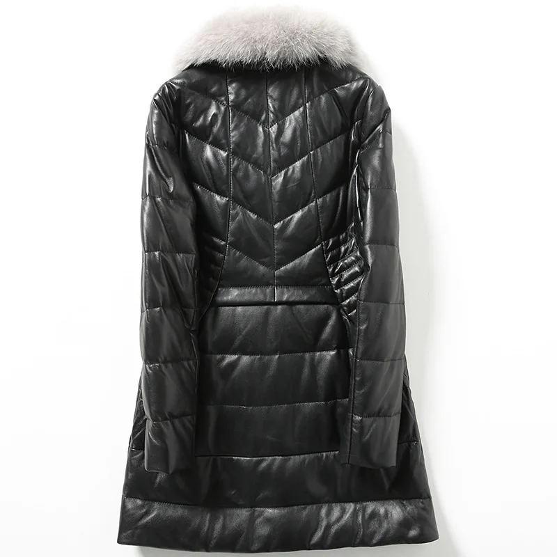 6XL Plus Size Genuine Leather Winter Fox Hair Fur Real Sheep Warm Down Coats Mid-Length Black Turn-down Collar Overcoats Jackets