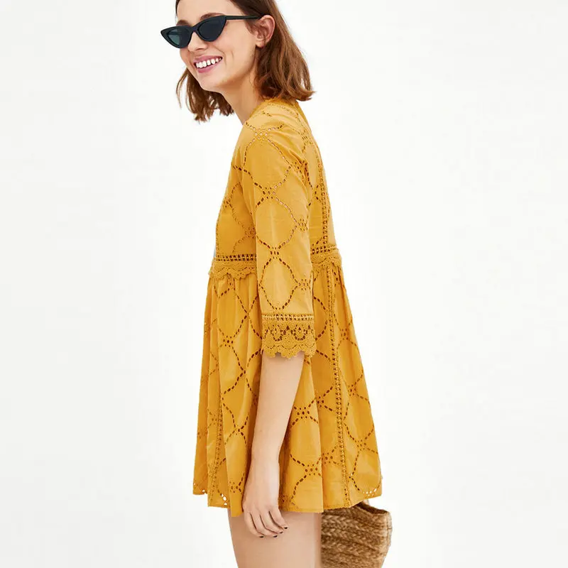 Женская ажурная блузка с вышивкой ZOGAA плиссированная рубашка рукавом три