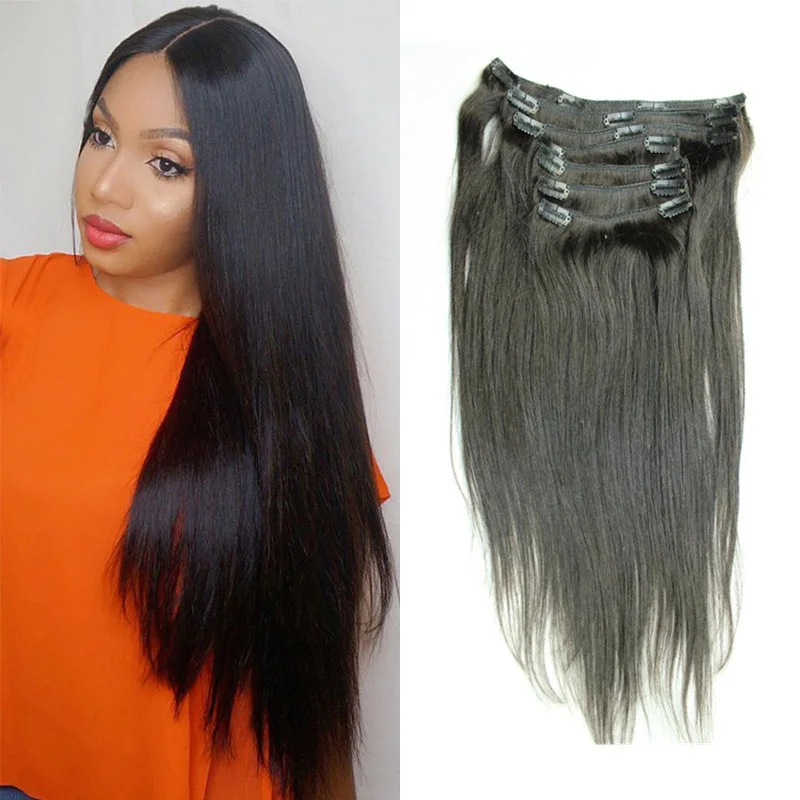 

7 шт./компл. прямые накладные человеческие волосы с зажимом для женщин, бразильские шелковистые прямые волосы с прямыми зажимами, Remy, натурал...