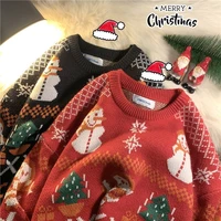 deeptown christmas printed knitted sweater women red harajuku kawaii aygyle long sleeve oversize jumper pullover female winter