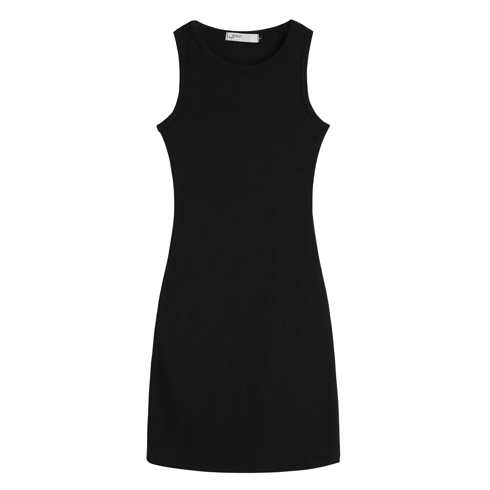 

2021 New Black Knitted Tight Dress Women Summer Round Neck Sleeveless High Waist Slim Sexy Simple Mini Dress