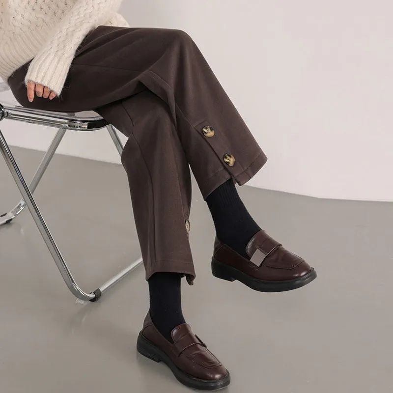 Женские шерстяные брюки на пуговицах, повседневные свободные Асимметричные прямые брюки до щиколотки с пуговицами на талии, модель P212 на весну и осень, 2021