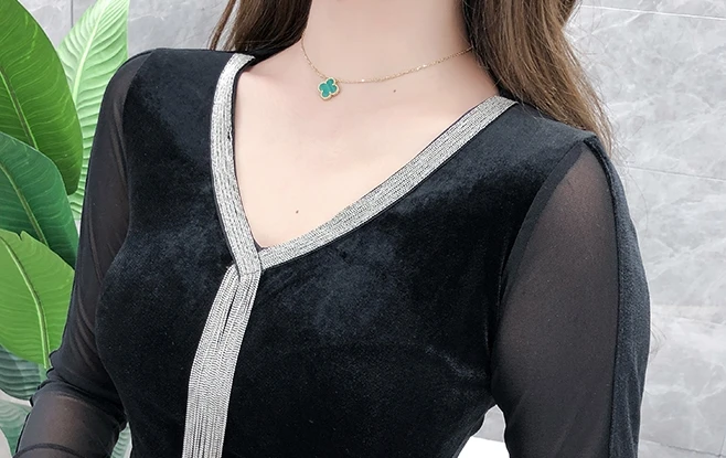 

Fall Winter European Clothes T-shirt Chic Sexy Velvet Patchwork Mesh Tassels Women Tops Ropa Mujer Bottoming Shirt Tees T08639L