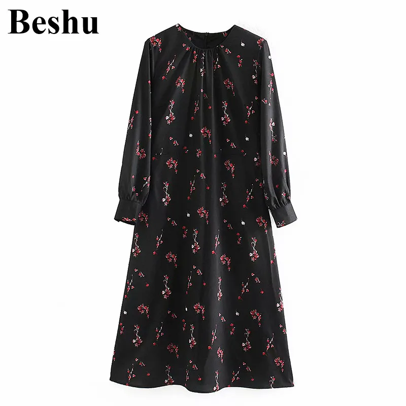 Za 2019 женское платье цветочный принт высокая талия круглый ворот черное vestidos largos