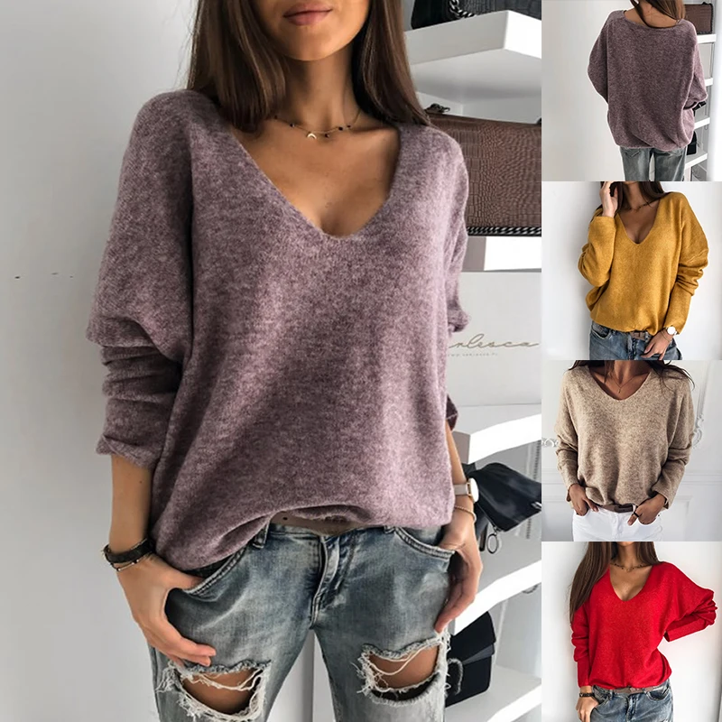 Casual Women Knitted Sweater V Neck Solid Color Knitwear Ladies Autumn Clothes Female Pullovers Fashion Pull Femme Tops Pusero | Женская