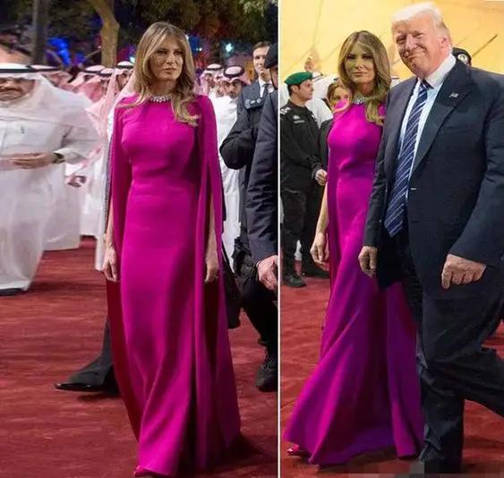 Платье для матери невесты длинное платье с длинными рукавами и разрезом фуксия Дубай высоким воротом гостей