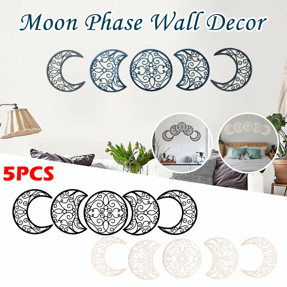 

5pcs Creative Wooden Moon Phase 3D Wall Sticker Hanging Bedroom Wall Decor Above Bed DIY Ornaments Headboard Background Decor