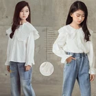 2022 Весенняя белая рубашка для девочек, школьная детская одежда, модный кукольный воротник, детские Топы с длинным рукавом, свободная блузка для подростков и студентов