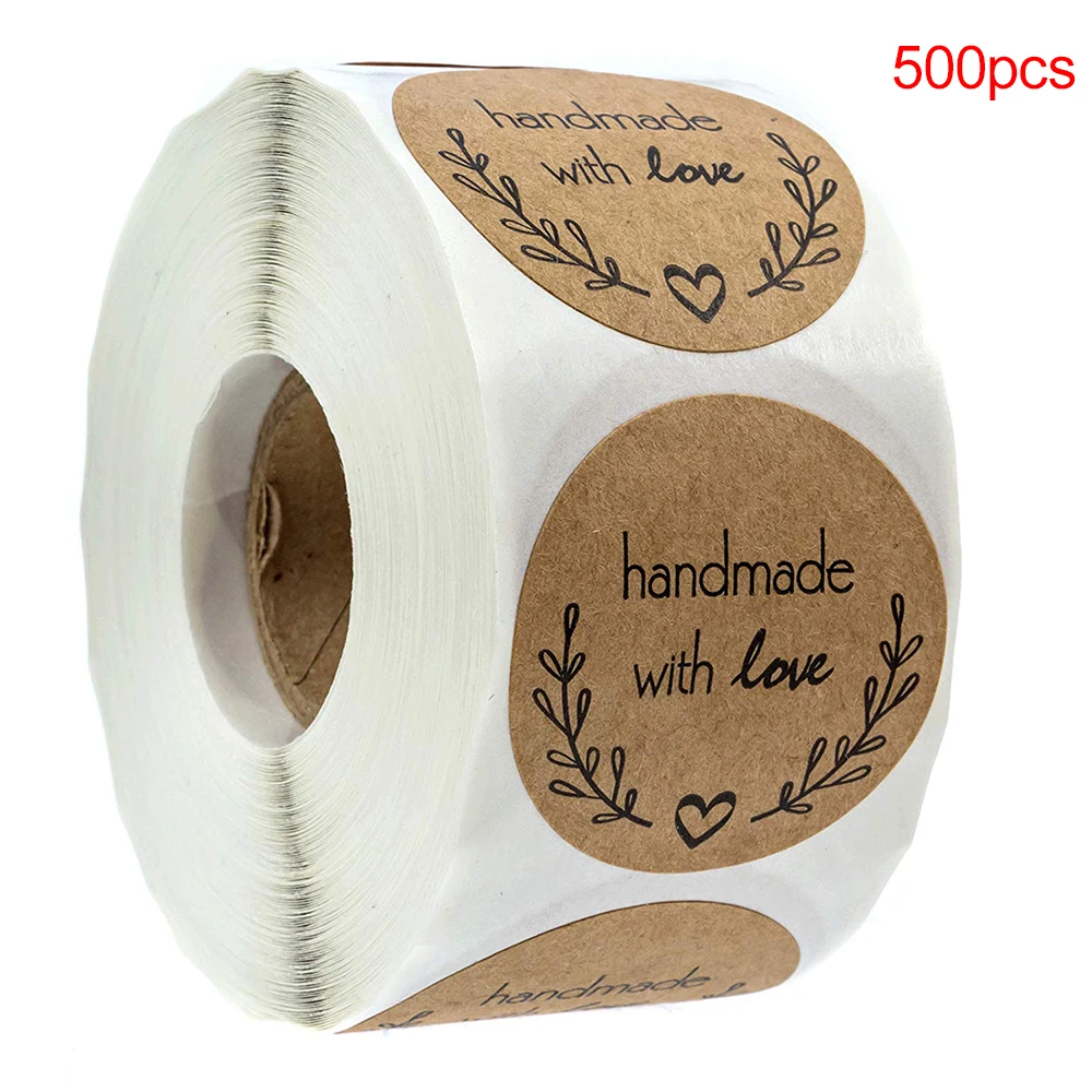 

500pcs/roll 1Inch Natural Kraft Olive Branch Handmade With Love Sticker Jewellery Box Labels Paper DIY Decoration Gift Card/Box