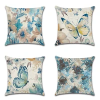 ink painting plant flower pillow case blue watercolor butterfly throw pillow cover for sofa 4545 linen cushion cover home decor
