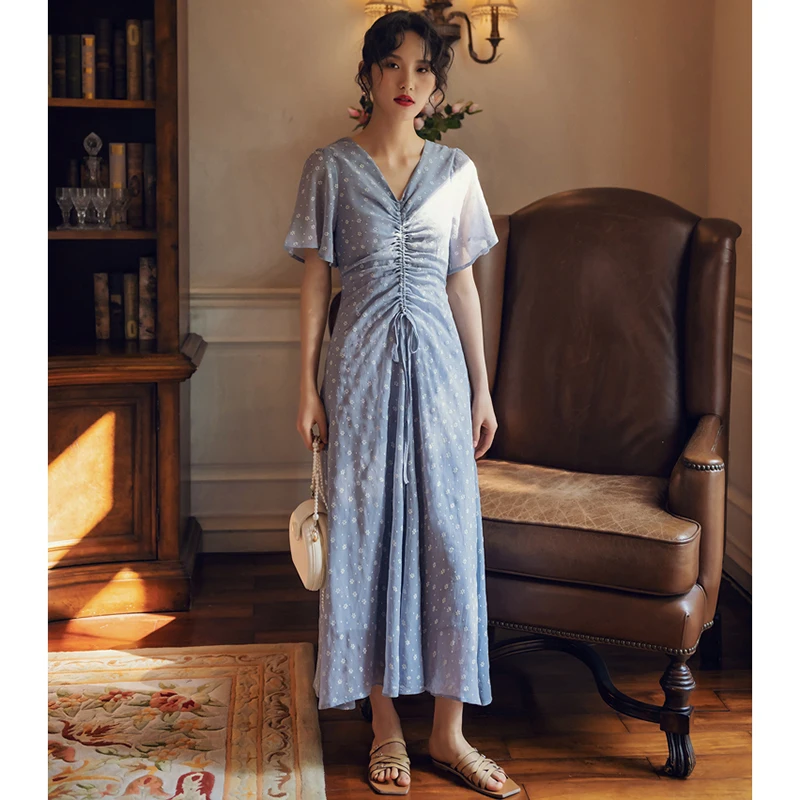 Женское длинное шифоновое платье с цветочным принтом летнее синее Бохо тонкой