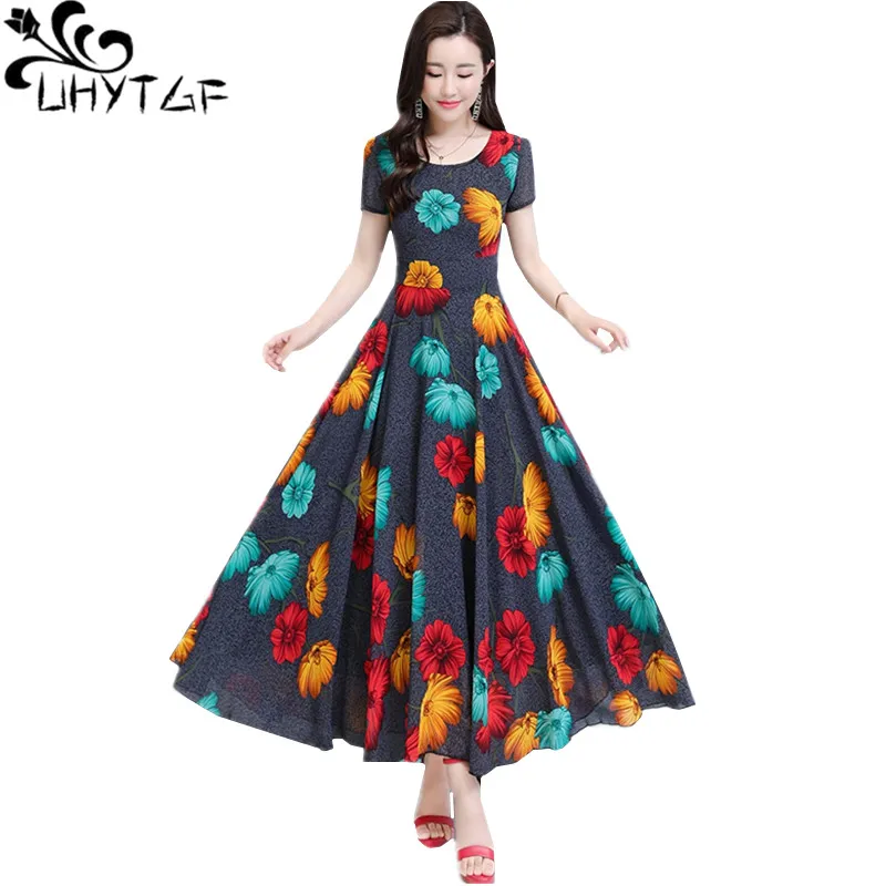 

UHYTGF Womans beach long dress short sleeve temperament casual summer dress female fashion printing chiffon elegant dresses 1626