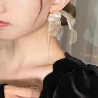 timeonly elegant perspective yarn bowknot earrings for women oversize imitation pearl tie bow dangle earrings vintage jewelry