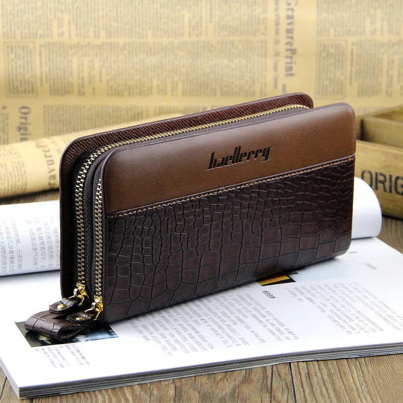 

2022 New Men Clutch Wallets Crocodile pattern PU Leather Large Capacity Zipper Hand Strap Men Wallet Business Solid Male Purses