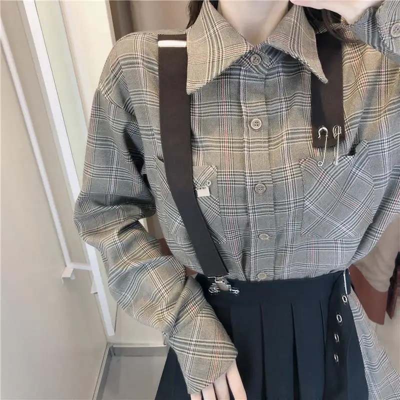

Spring new Women suit Korean long-sleeved plaid shirt & black pleated skirt fashion two-piece Clothes Tops Skirts Sets for women