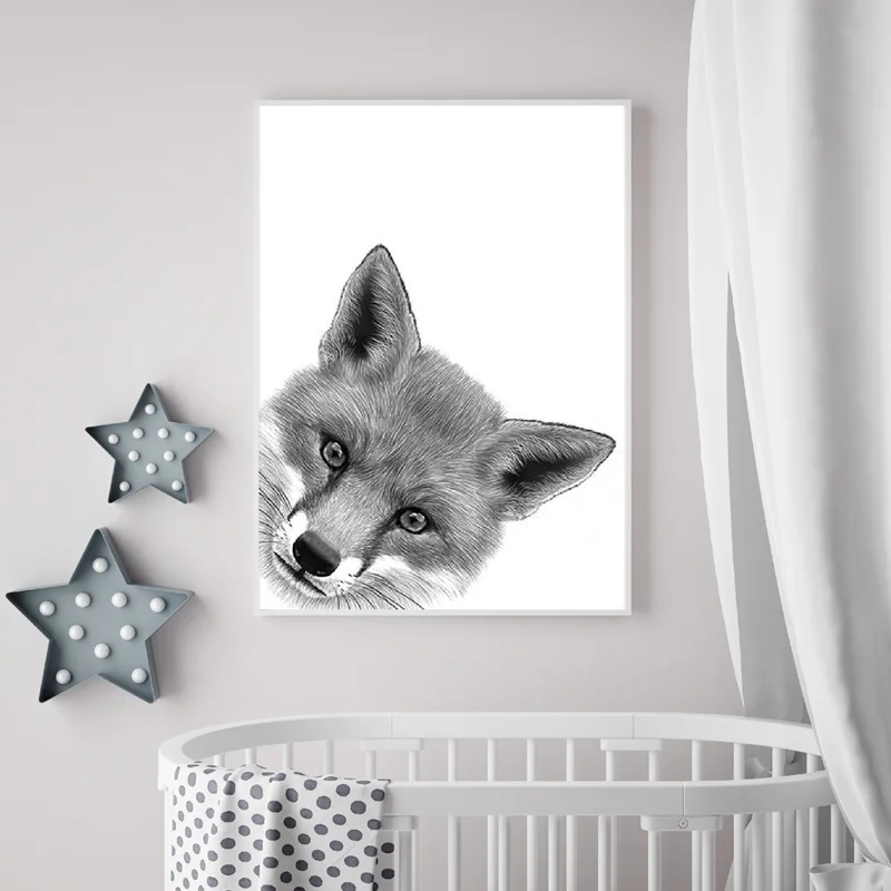 

Wall Art Picture Painting CUTE PEEKABOO FOX Drawing Canvas Art Poster Prints Animal Peekaboo Fox Black White Nursery Wall Decor