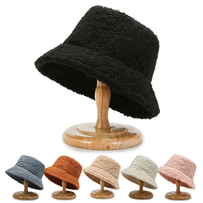 

2021 Unisex Harajuku Bucket Hat Solid Men Fishing Fisherman Hat Autumn Winter Lamb Wool Outdoor Warm Panama Cap For Women