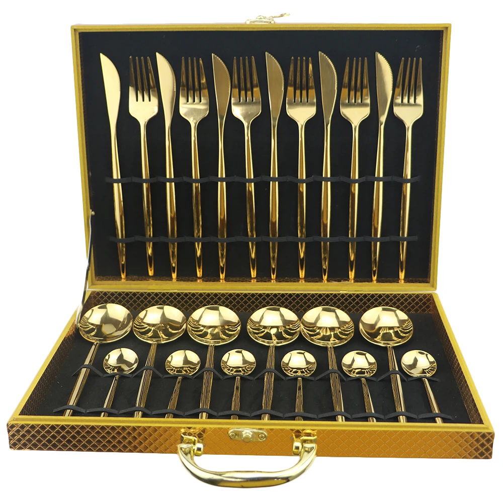 24 Uds juego de vajilla oro 18/10 cubiertos acero inoxible cuchillo tenedor cuchar|Наборы столовых приборов| |