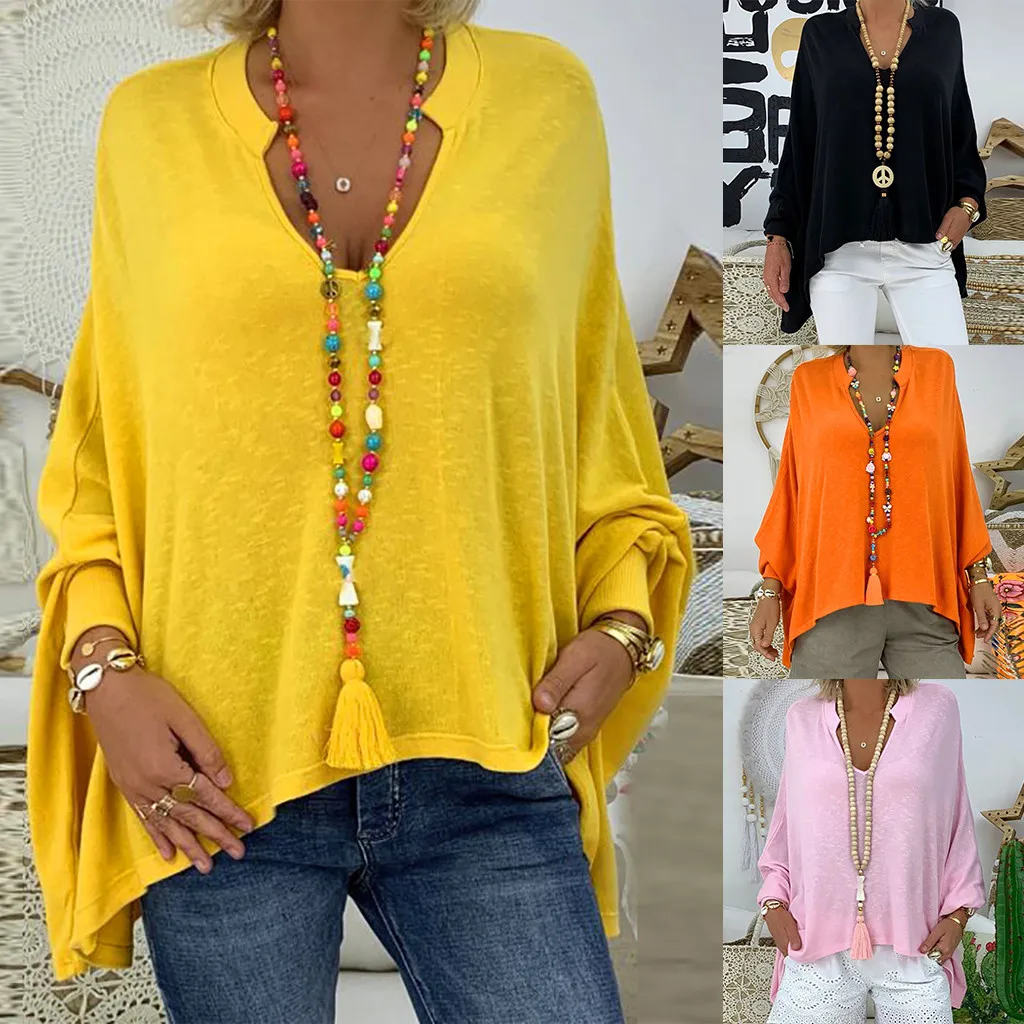 feitong Blouse Female Clothing Women's Loose Plus Size Solid Long Sleeve V-neck Pullover Blouse Tops Shirt Plus Size 5XL