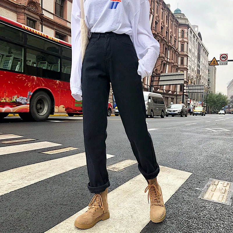 

2020 Women Warm Jean Pants Fashion Black Thickening Wide Leg Pants Winter Warm Denim Trousers Plus Size Fleece Jeans P9516