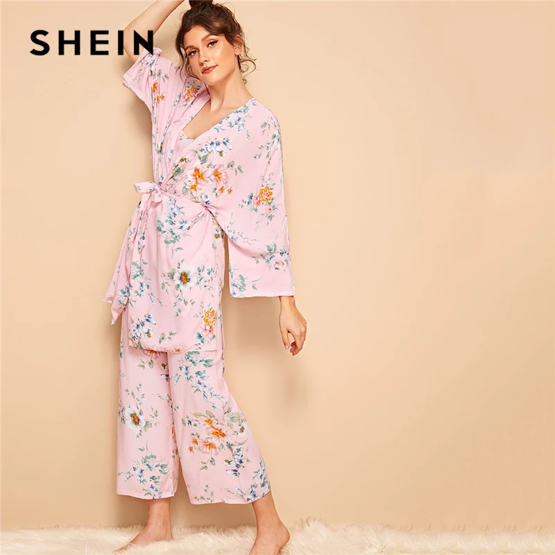 SHEIN цветочный принт Cami пижамный комплект с халатиком для женщин Летняя повседневная одежда для сна Спагетти ремень с длинным рукавом поясом женский халат