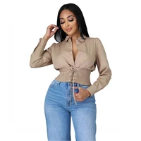 french long sleeved shirt sexy womens solid color lapel waist slim cropped top 2022 spring fashion elegant ladies casual wear