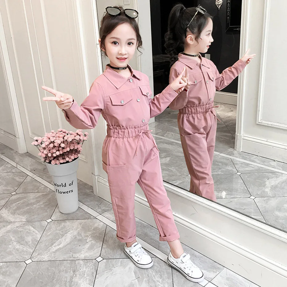 Однотонная рубашка и брюки для девочек комплект одежды с прямой высокой талией