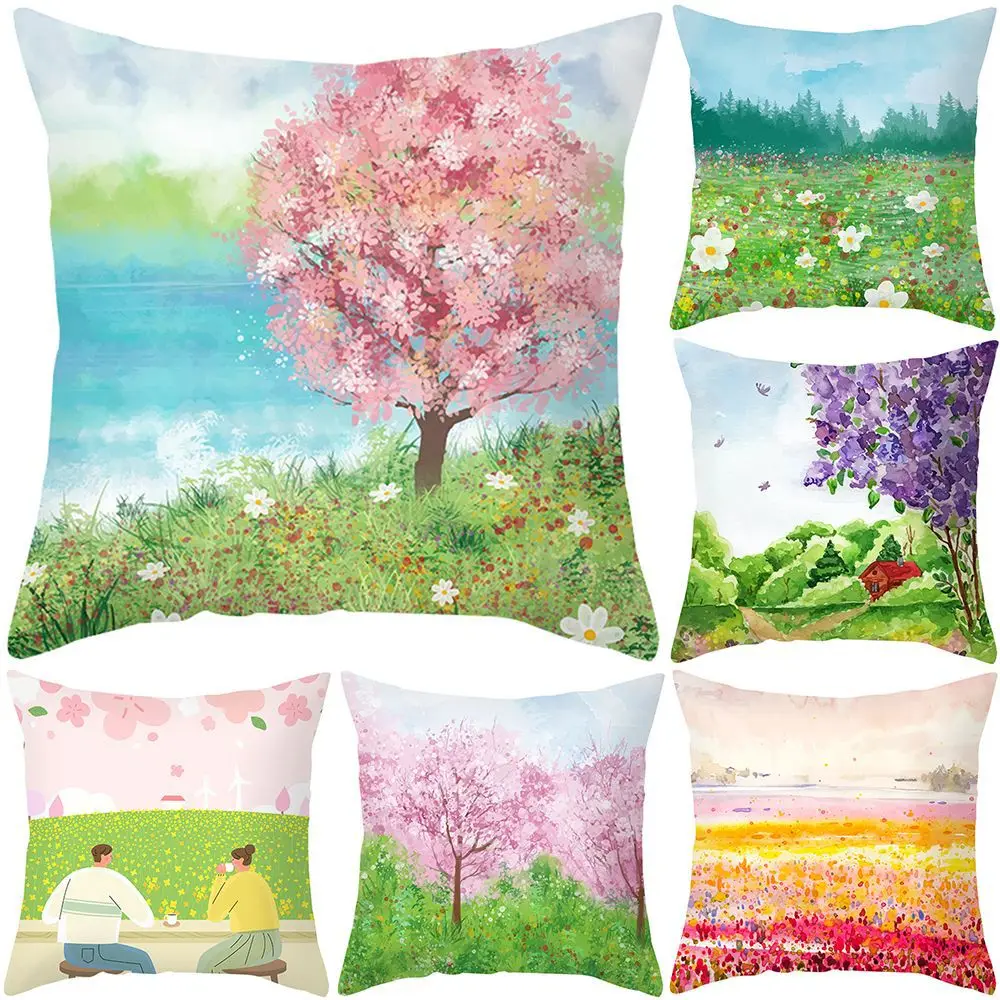 

Landscape Tree Flower Printed Cushion Covers 45*45cm Pillowcases Cushions Pillow Cases Polyester Home Decor Pillow Cover 0770