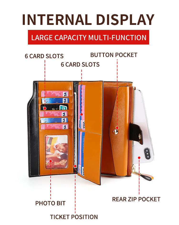 2019 A/W Luxury Oil Wax Cowhide Leather Women Long Wallet RFID anti-Theft Bag Purse Credit Card Holder Money Holders Retro Bags