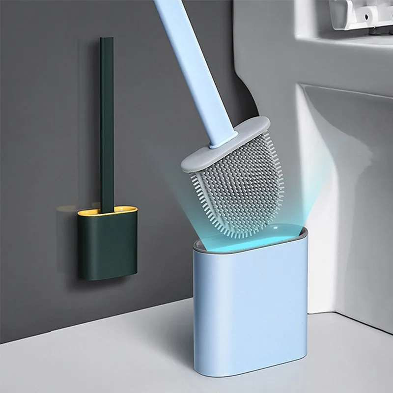 

Toilet Brush Water Leak Proof With Base Silicone WC Wall Mounted Flat Head Flexible Soft Bristles Brush with Quick Drying Holder