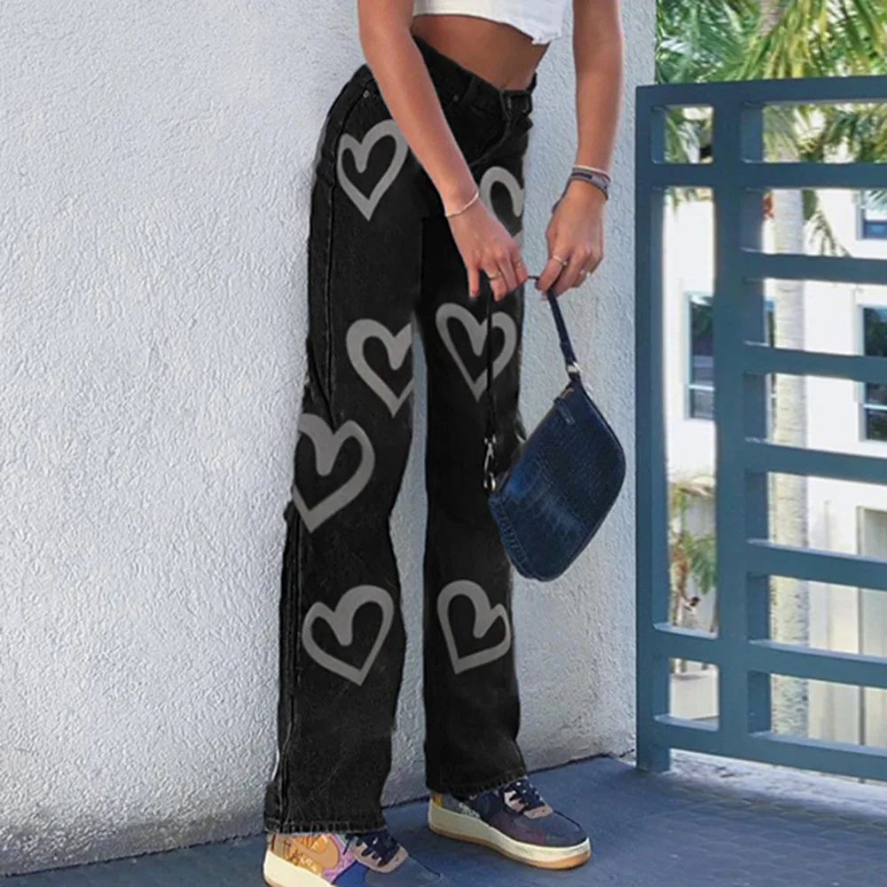 

Women's Jeans Fashion Trend Simple Street Style Love Personality Printing Wear-resistant Waist Slimming Straight Loose Pants