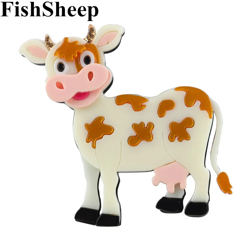 

FishSheep New Lovely Big Acrylic Cow Cattle Brooches For Women Kids Cartoon Animal Brooch Lapel Pins Coat Jewelry Gifts