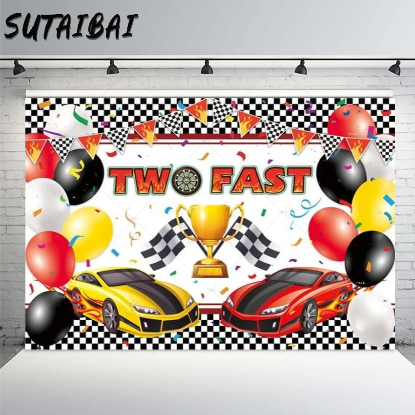

Two Fast Racing Car Backdrop Flags Trophy Bunting Balloon Ribbon Boy Birthday Party Custom Photography Background Photo Studio