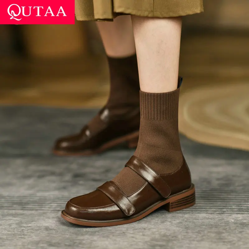 

QUTAA 2022 Cow Leather Slip On Ankle Boots Low Heel Autumn Winter Women Shoes Round Toe Short Sock Boots Size 34-40