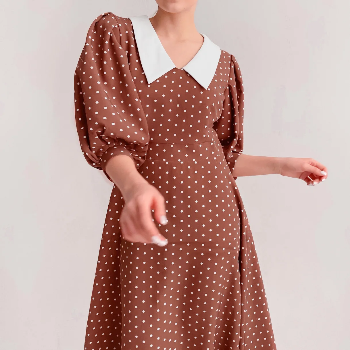 

Dabourfeel Long Dress Women Polka Dot Doll v-Neck Lantern Sleeve a-Line Sweet Cute Temperament 2021 New Arrival