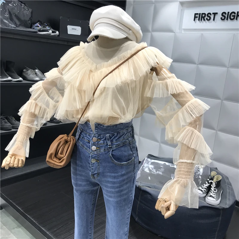 ALPHALMODA с длинным рукавом перспектива сексуальные женские осенние блузки с v-образным воротником гофрированные рукава Дамская мода шифоновый наряд рубашка