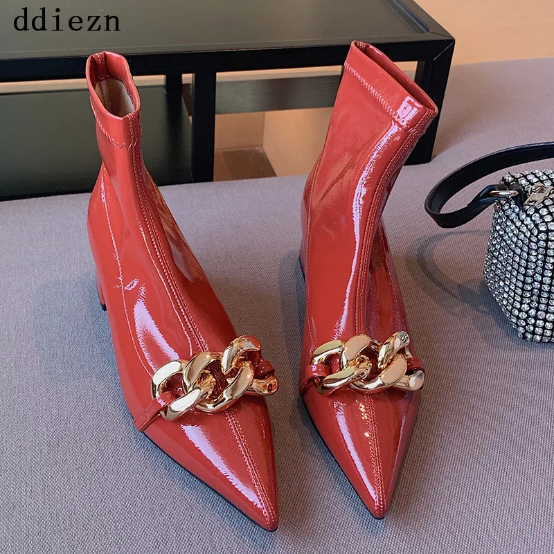 

Women's Boots Female Shoes For Women Pumps 2021 Autumn New High Heels Metal Chain Pointed Toe Ankle Boots Korean Style Shoes