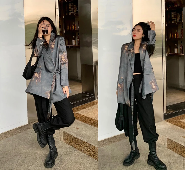 Женская куртка-кимоно в стиле Харадзюку винтажная куртка с масляным узором и