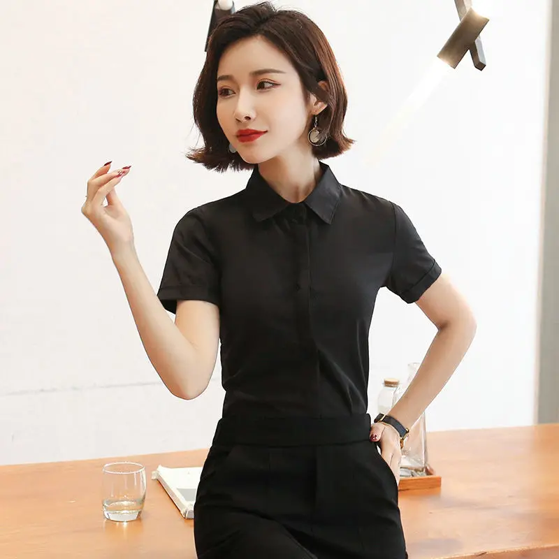

White Blouse Women 2021 Summer Chiffon Career Shirts Slim Collar Blouse Tops Fashion Casual short sleeve Blouses Femme Blusa